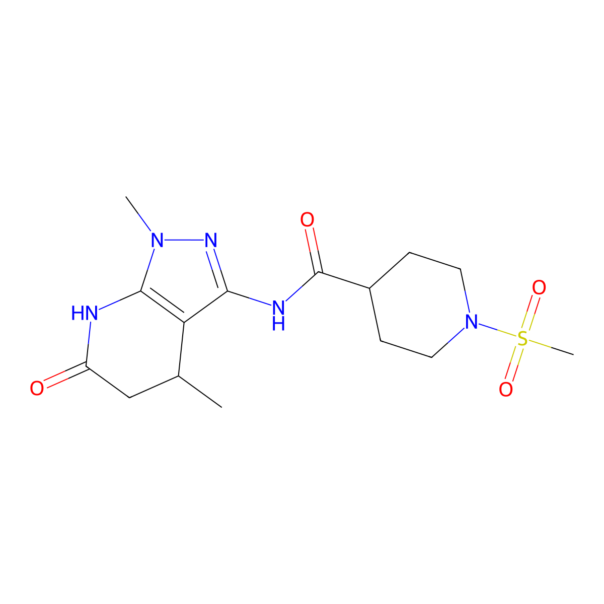 N-(1,4-dimethyl-6-oxo-4,5,6,7-tetrahydro-1H-pyrazolo[3,4-b]pyridin-3-yl)-1-(methylsulfonyl)piperidine-4-carboxamide molecular structure, CAS 1171731-41-1