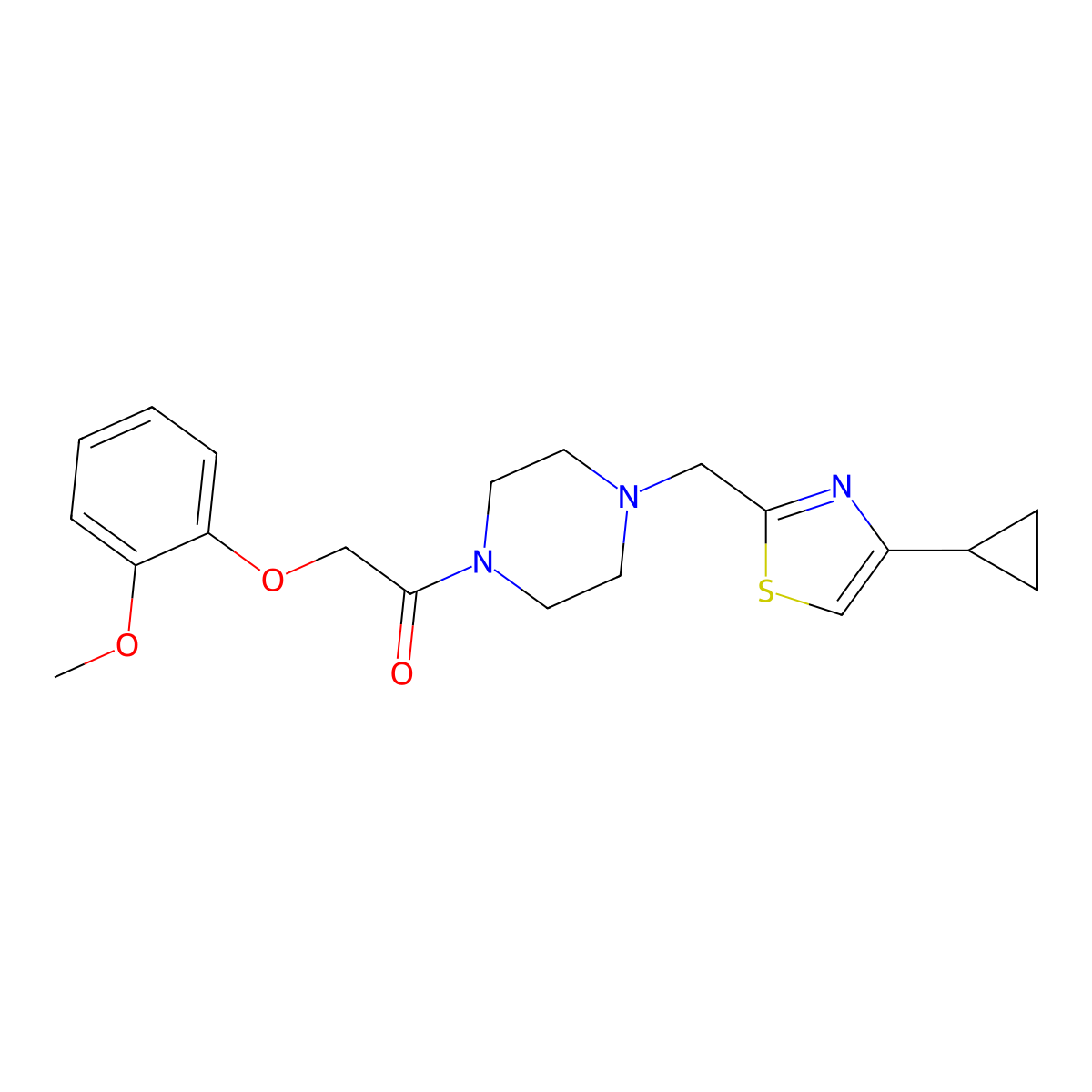 1-(4-((4-Cyclopropylthiazol-2-yl)methyl)piperazin-1-yl)-2-(2-methoxyphenoxy)ethanone molecular structure, CAS 1171731-75-1