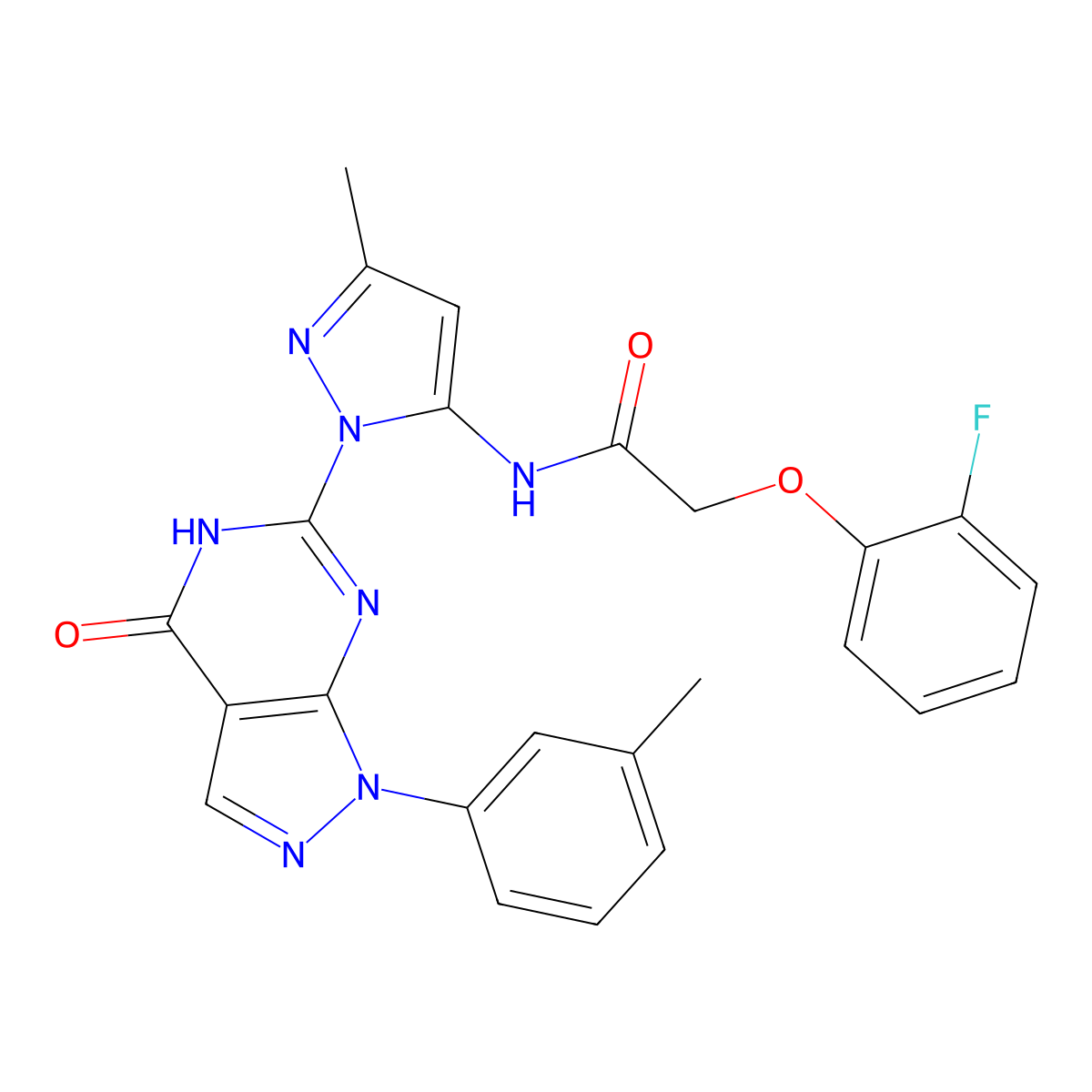 2-(2-fluorophenoxy)-N-(3-methyl-1-(4-oxo-1-(m-tolyl)-4,5-dihydro-1H-pyrazolo[3,4-d]pyrimidin-6-yl)-1H-pyrazol-5-yl)acetamide molecular structure, CAS 1171736-50-7