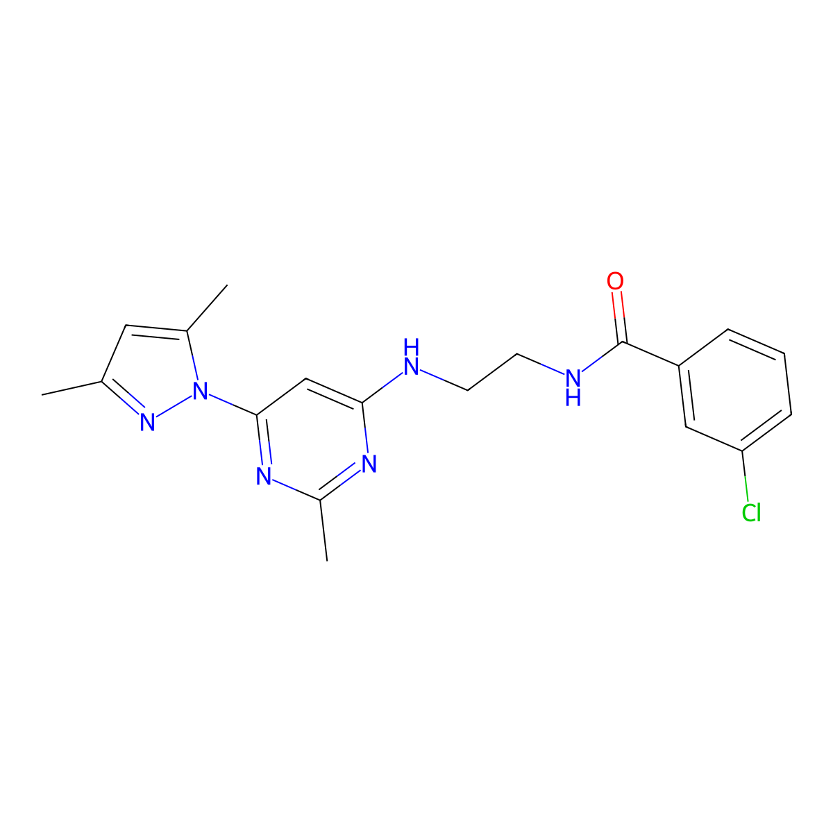 3-chloro-N-(2-((6-(3,5-dimethyl-1H-pyrazol-1-yl)-2-methylpyrimidin-4-yl)amino)ethyl)benzamide molecular structure, CAS 1171737-28-2