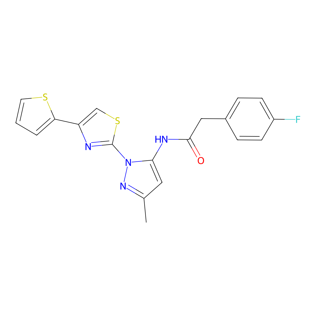 2-(4-fluorophenyl)-N-(3-methyl-1-(4-(thiophen-2-yl)thiazol-2-yl)-1H-pyrazol-5-yl)acetamide molecular structure, CAS 1171738-96-7