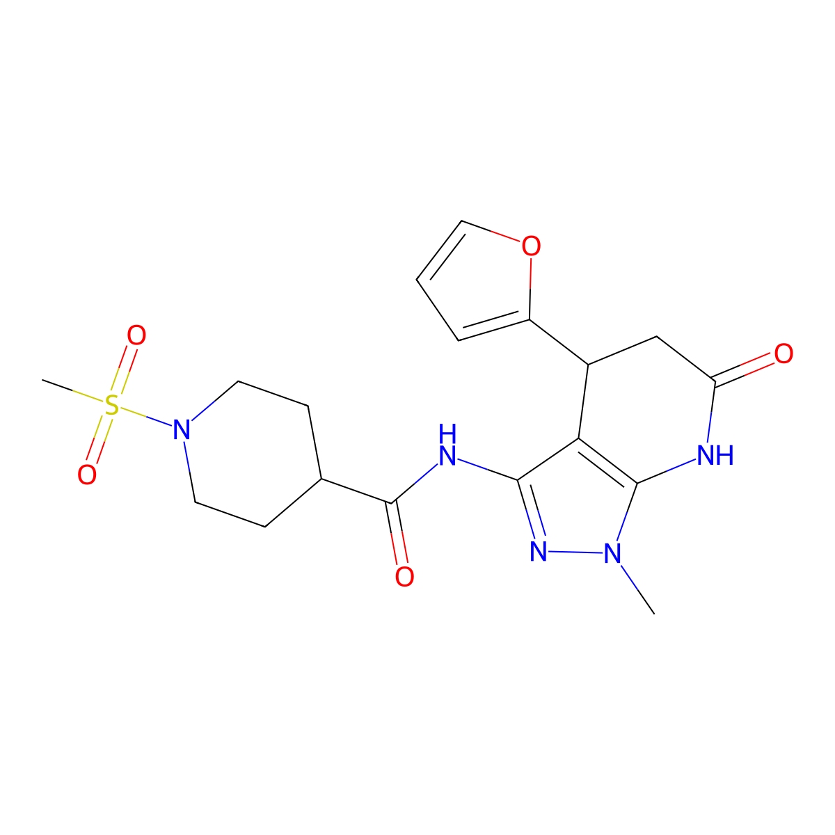 N-(4-(furan-2-yl)-1-methyl-6-oxo-4,5,6,7-tetrahydro-1H-pyrazolo[3,4-b]pyridin-3-yl)-1-(methylsulfonyl)piperidine-4-carboxamide molecular structure, CAS 1171740-12-7