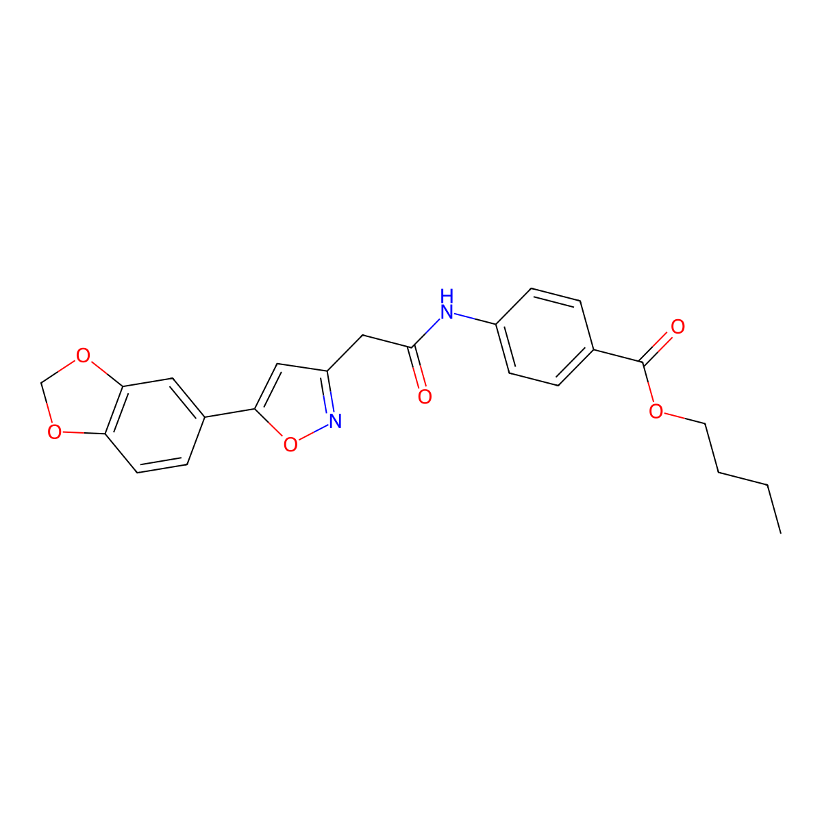 Butyl 4-(2-(5-(benzo[d][1,3]dioxol-5-yl)isoxazol-3-yl)acetamido)benzoate molecular structure, CAS 1171741-24-4