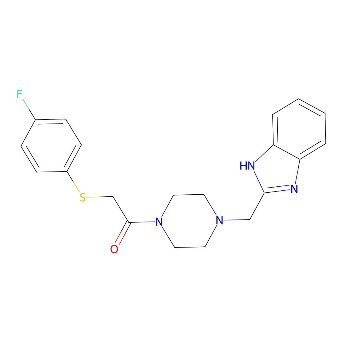 1-(4-((1H-benzo[d]imidazol-2-yl)methyl)piperazin-1-yl)-2-((4-fluorophenyl)thio)ethanone molecular structure, CAS 1171742-06-5