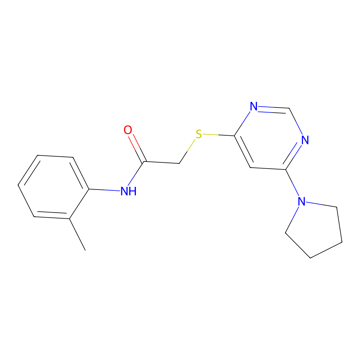 2-((6-(pyrrolidin-1-yl)pyrimidin-4-yl)thio)-N-(o-tolyl)acetamide molecular structure, CAS 1171743-18-2