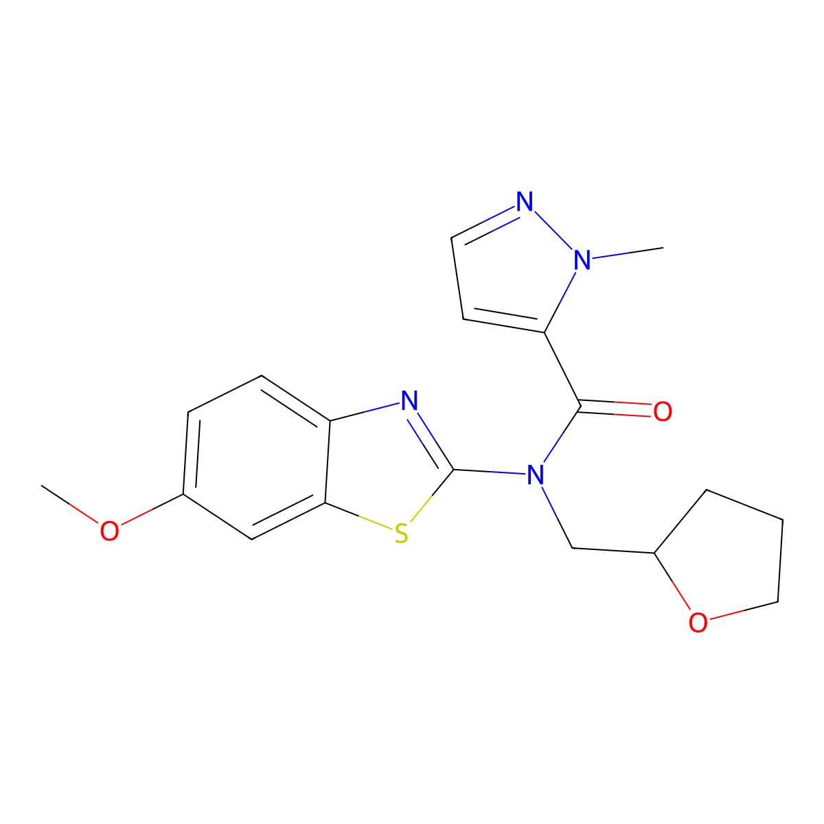 N-(6-methoxybenzo[d]thiazol-2-yl)-1-methyl-N-((tetrahydrofuran-2-yl)methyl)-1H-pyrazole-5-carboxamide molecular structure, CAS 1171743-31-9