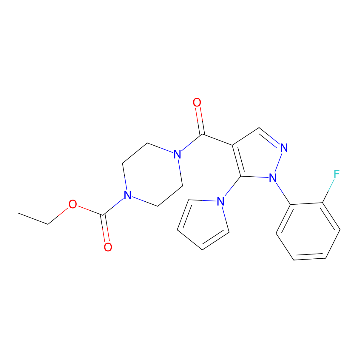 ethyl 4-[1-(2-fluorophenyl)-5-(1H-pyrrol-1-yl)-1H-pyrazole-4-carbonyl]piperazine-1-carboxylate molecular structure, CAS 1171743-65-9