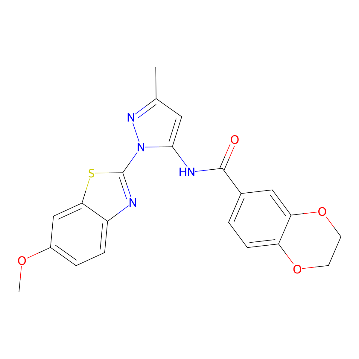 N-(1-(6-methoxybenzo[d]thiazol-2-yl)-3-methyl-1H-pyrazol-5-yl)-2,3-dihydrobenzo[b][1,4]dioxine-6-carboxamide molecular structure, CAS 1171743-86-4