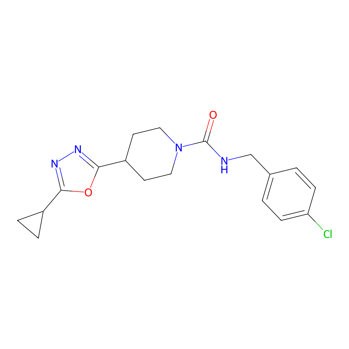 N-(4-chlorobenzyl)-4-(5-cyclopropyl-1,3,4-oxadiazol-2-yl)piperidine-1-carboxamide molecular structure, CAS 1171746-20-5