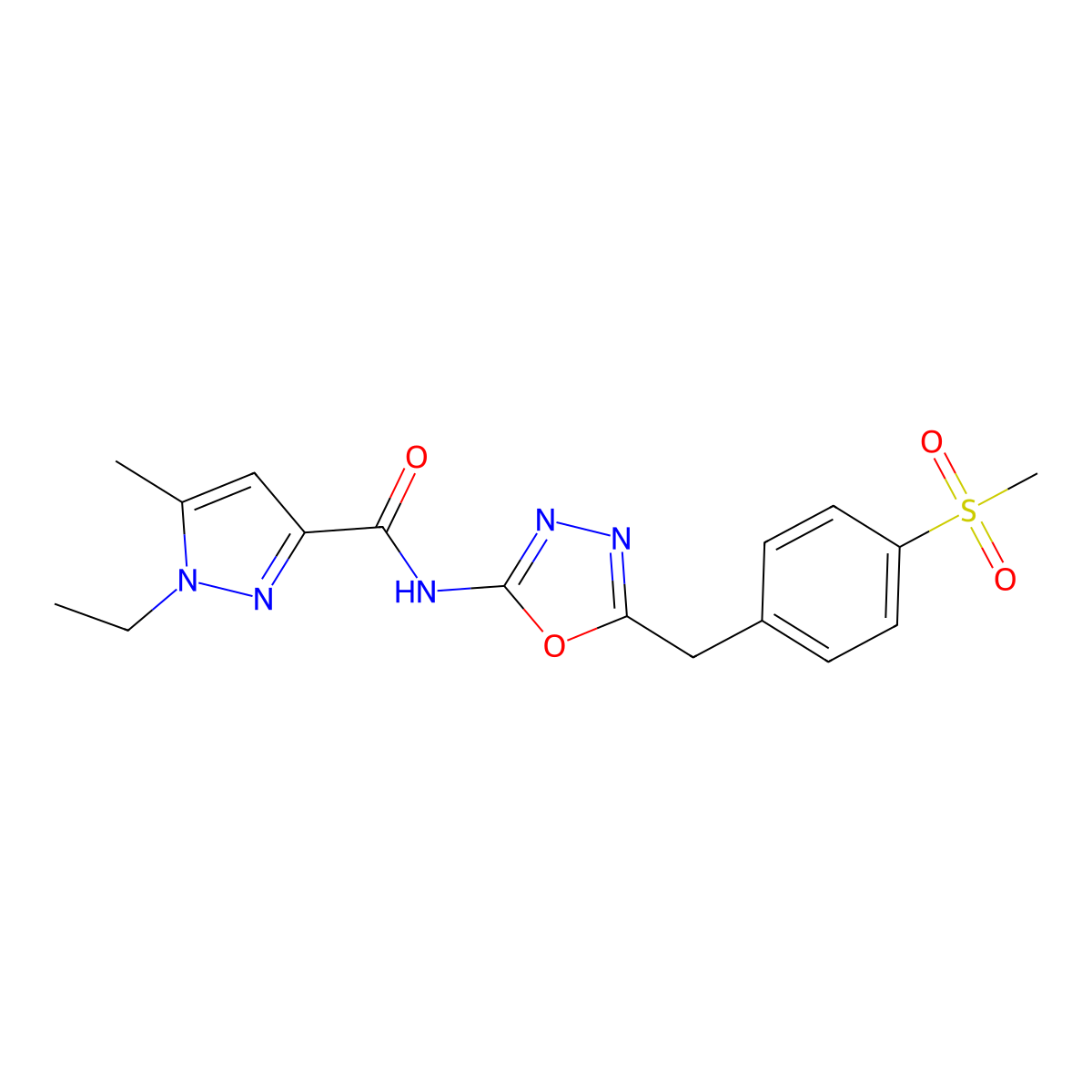 1-ethyl-5-methyl-N-(5-(4-(methylsulfonyl)benzyl)-1,3,4-oxadiazol-2-yl)-1H-pyrazole-3-carboxamide molecular structure, CAS 1171746-26-1