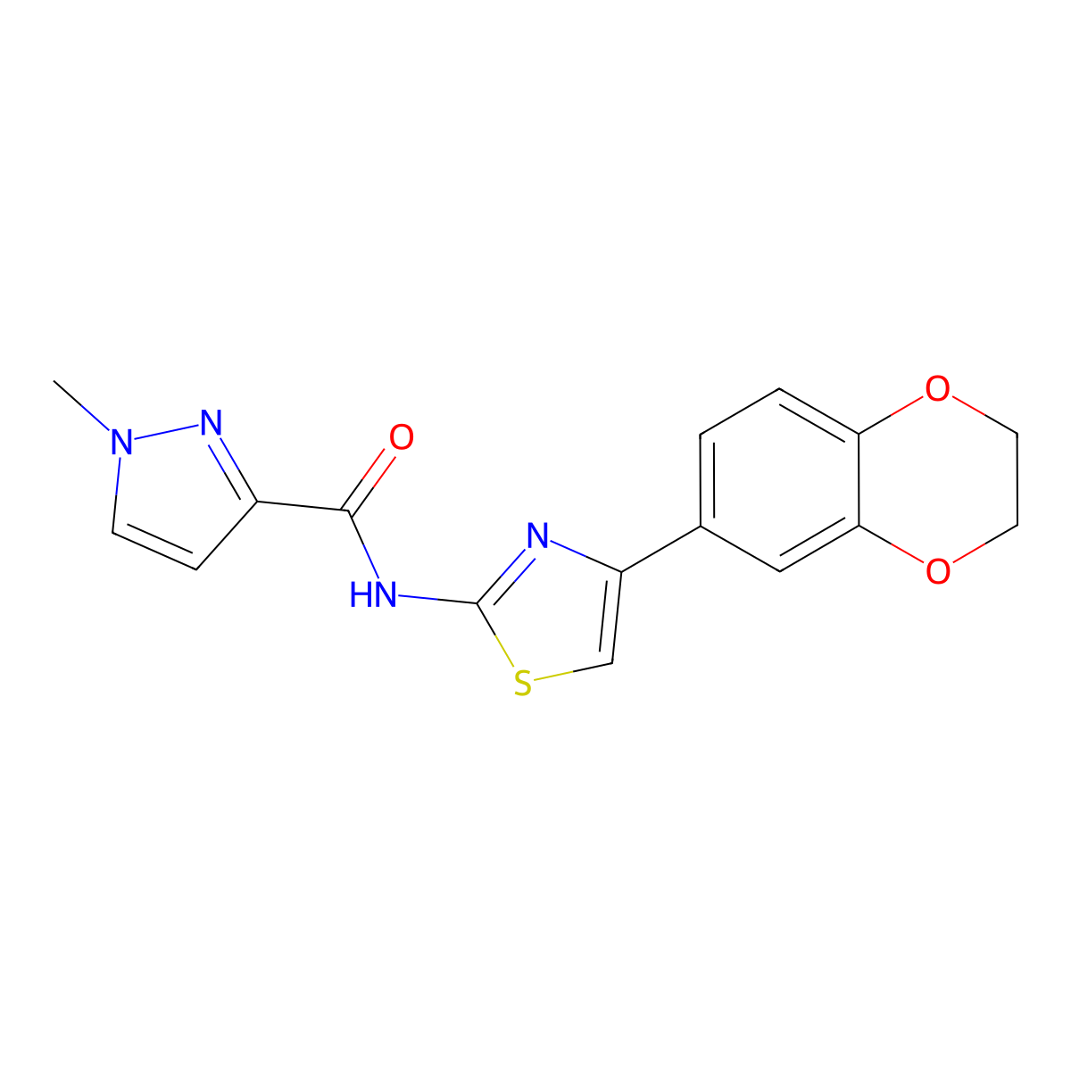 N-(4-(2,3-dihydrobenzo[b][1,4]dioxin-6-yl)thiazol-2-yl)-1-methyl-1H-pyrazole-3-carboxamide molecular structure, CAS 1171747-40-2