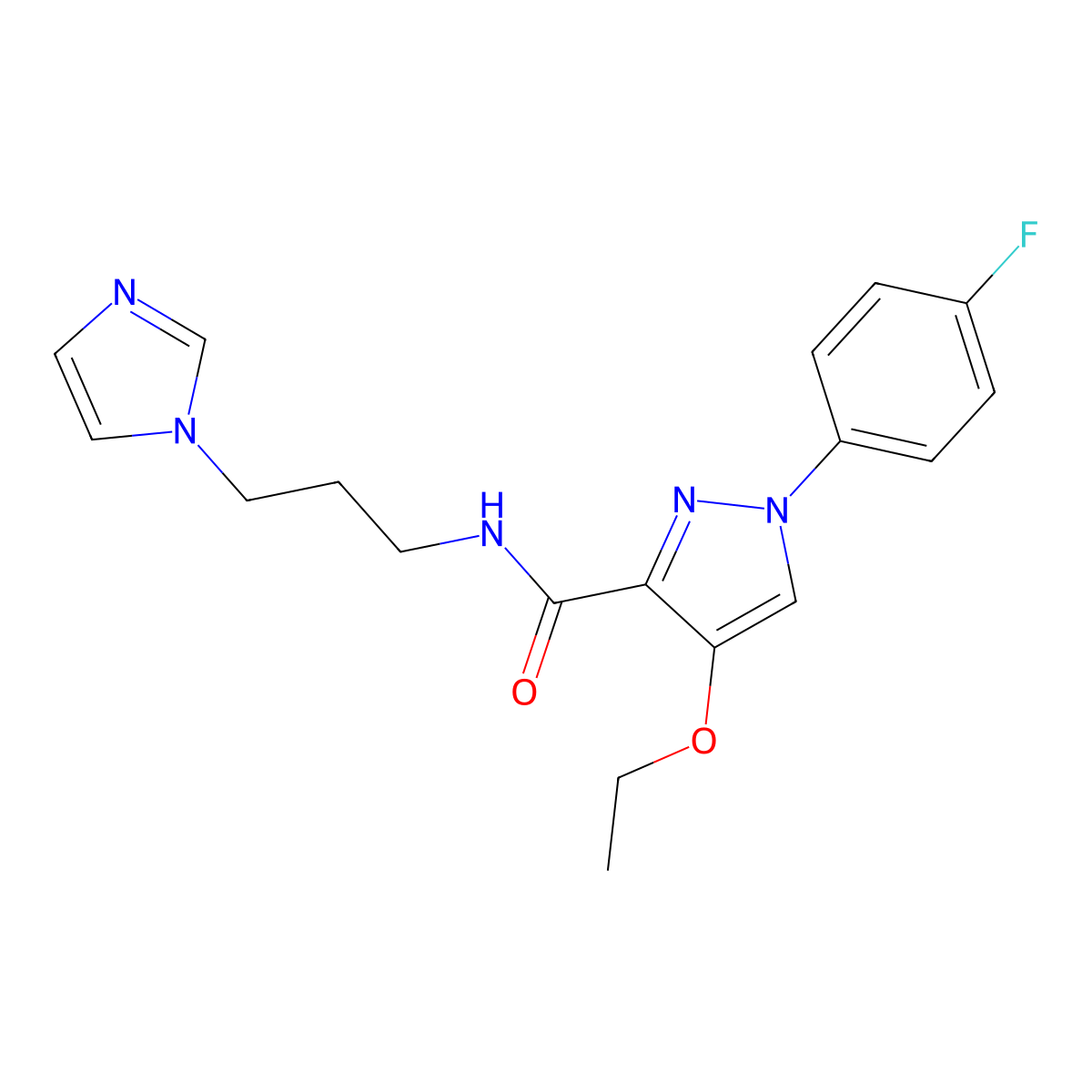 N-(3-(1H-imidazol-1-yl)propyl)-4-ethoxy-1-(4-fluorophenyl)-1H-pyrazole-3-carboxamide molecular structure, CAS 1171749-24-8