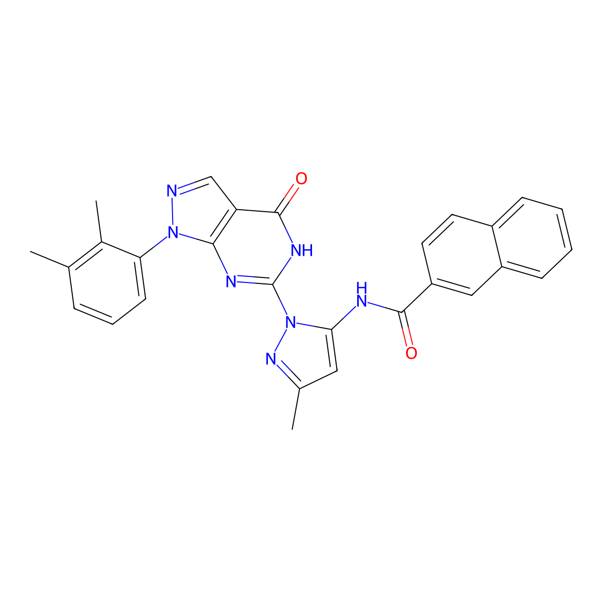 N-(1-(1-(2,3-dimethylphenyl)-4-oxo-4,5-dihydro-1H-pyrazolo[3,4-d]pyrimidin-6-yl)-3-methyl-1H-pyrazol-5-yl)-2-naphthamide molecular structure, CAS 1171749-34-0