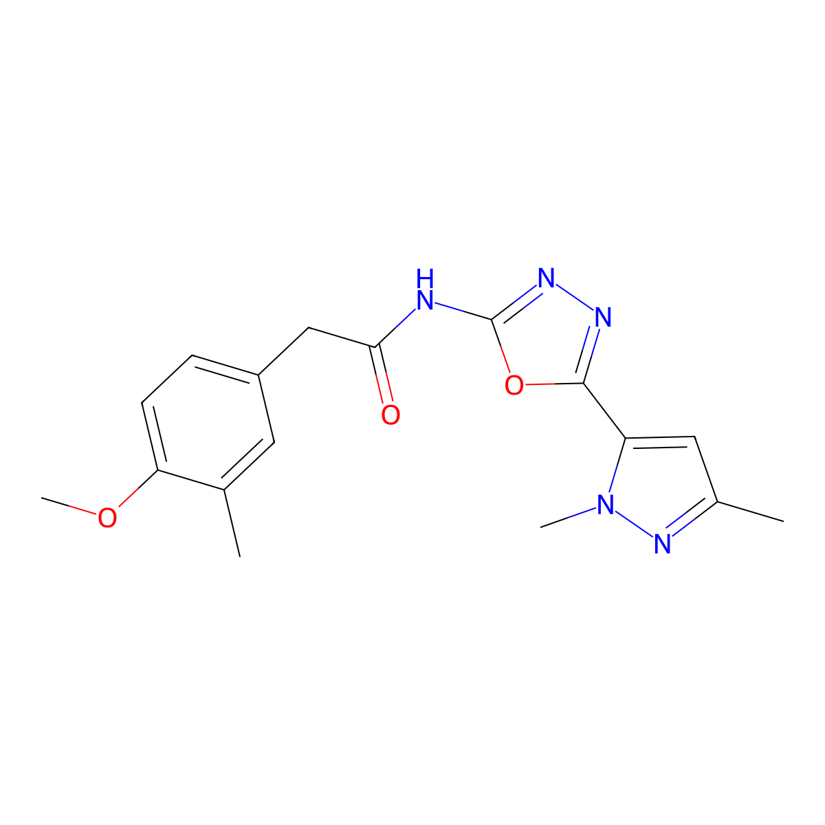 N-[5-(1,3-dimethyl-1H-pyrazol-5-yl)-1,3,4-oxadiazol-2-yl]-2-(4-methoxy-3-methylphenyl)acetamide molecular structure, CAS 1171750-18-7