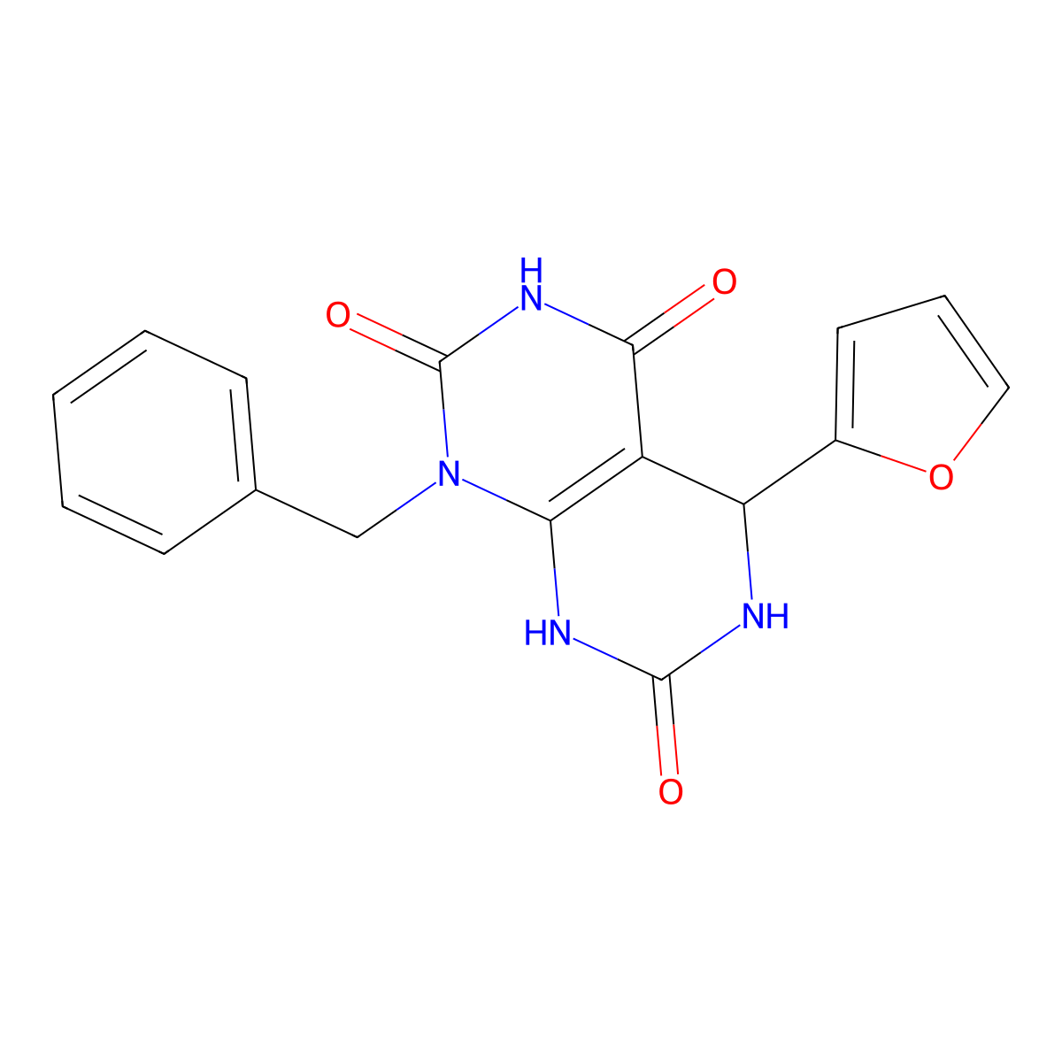 1-benzyl-5-(furan-2-yl)-5,6-dihydropyrimido[4,5-d]pyrimidine-2,4,7(1H,3H,8H)-trione molecular structure, CAS 1171754-00-9