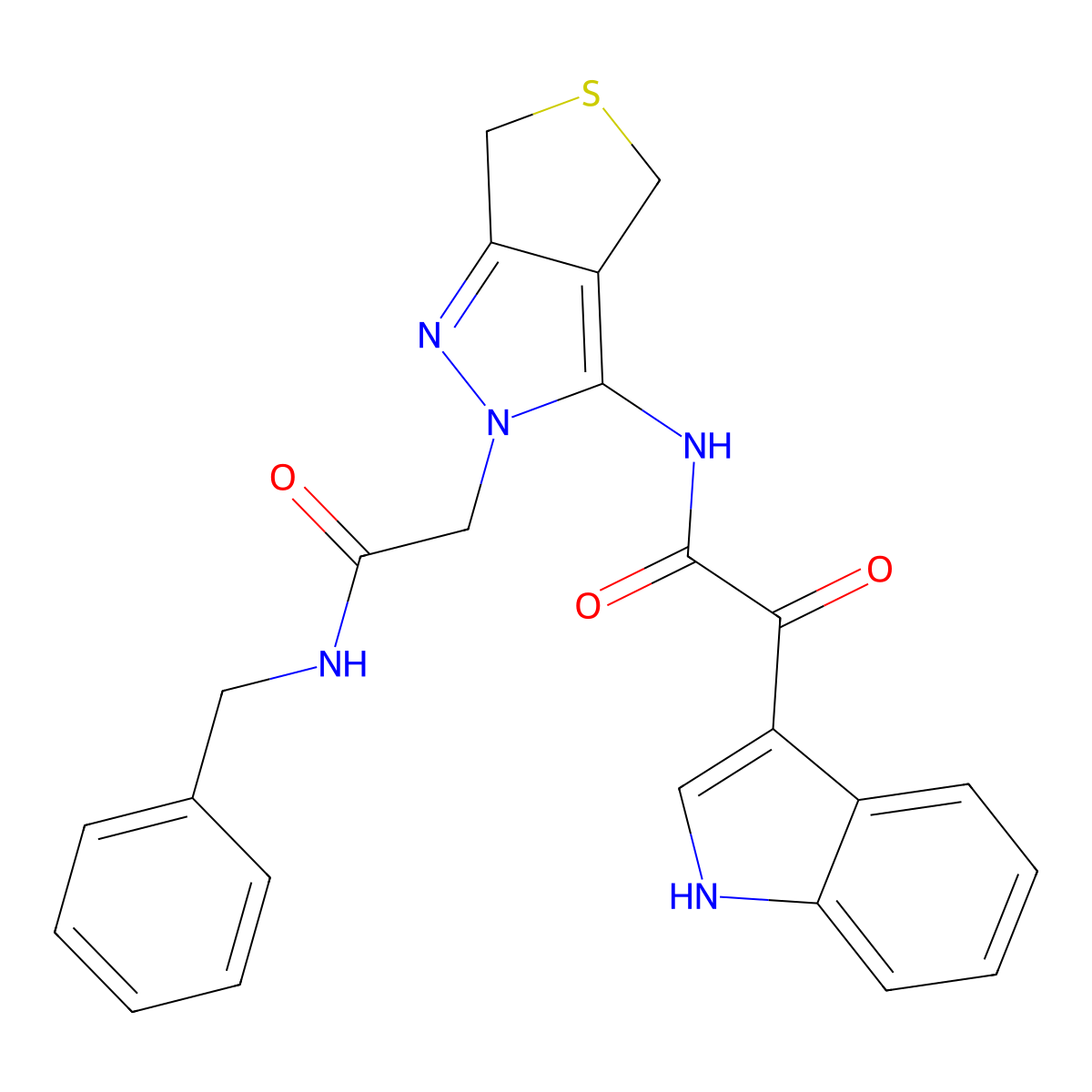 N-(2-(2-(benzylamino)-2-oxoethyl)-4,6-dihydro-2H-thieno[3,4-c]pyrazol-3-yl)-2-(1H-indol-3-yl)-2-oxoacetamide molecular structure, CAS 1171756-22-1