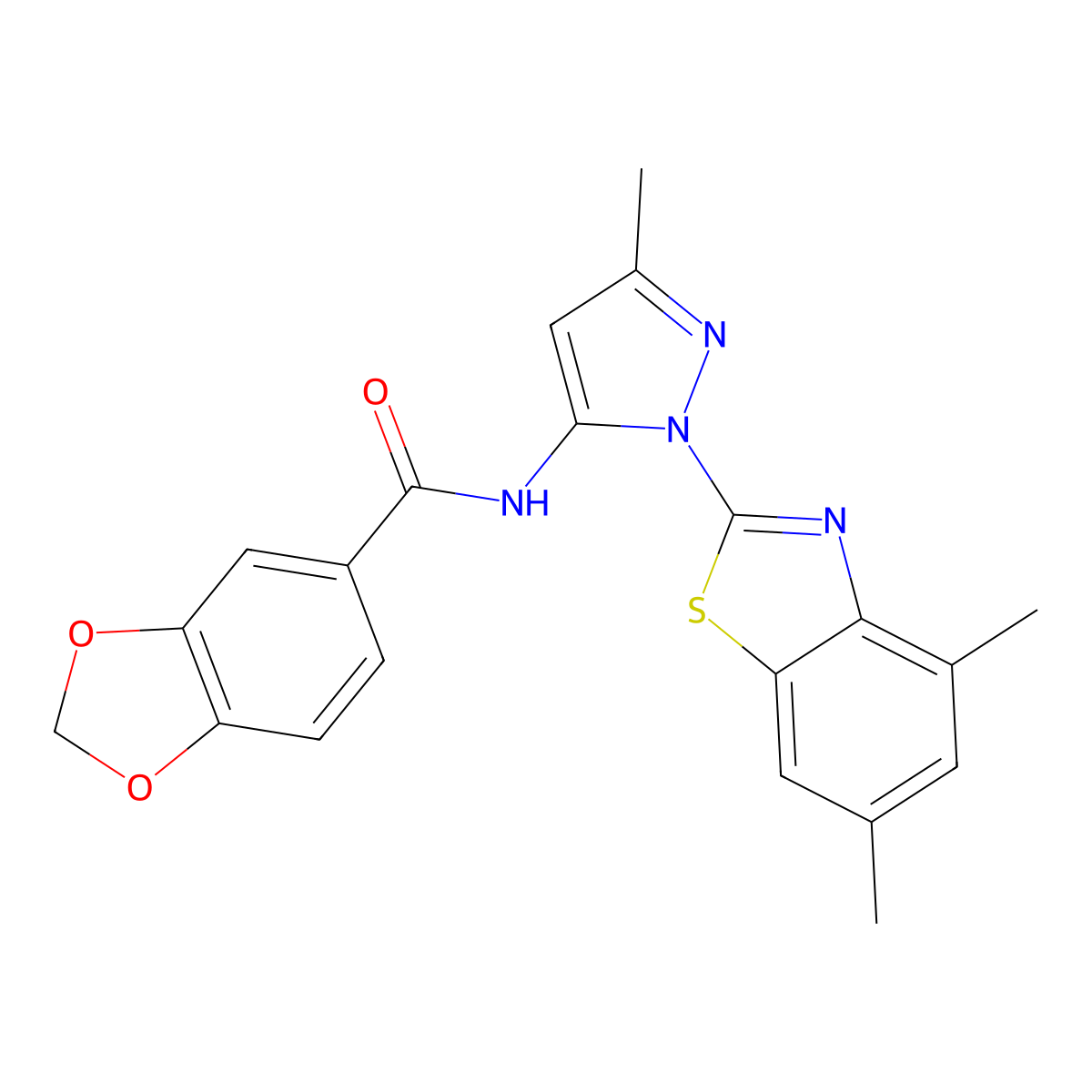 N-(1-(4,6-dimethylbenzo[d]thiazol-2-yl)-3-methyl-1H-pyrazol-5-yl)benzo[d][1,3]dioxole-5-carboxamide molecular structure, CAS 1171757-08-6