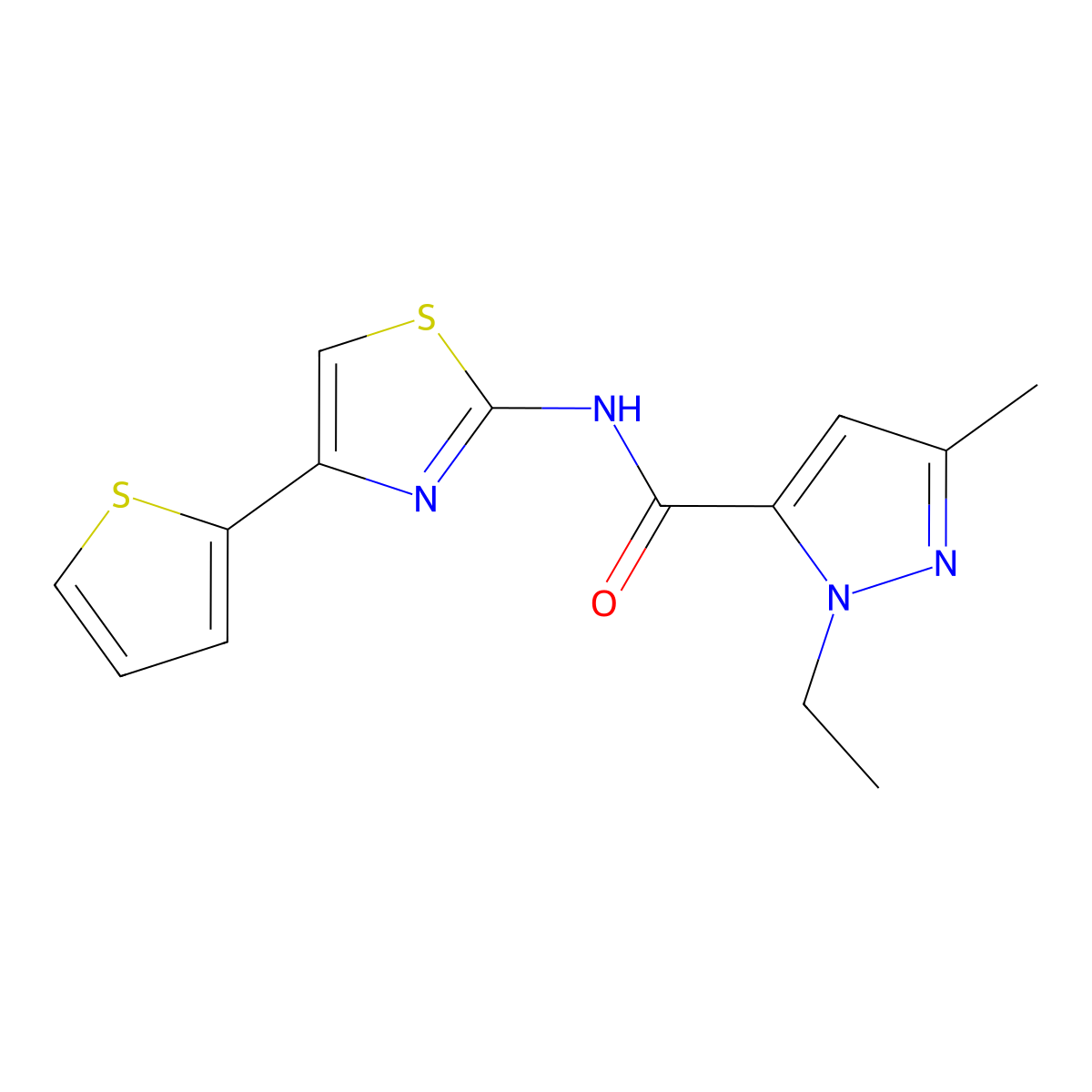 1-ethyl-3-methyl-N-(4-(thiophen-2-yl)thiazol-2-yl)-1H-pyrazole-5-carboxamide molecular structure, CAS 1171759-50-4