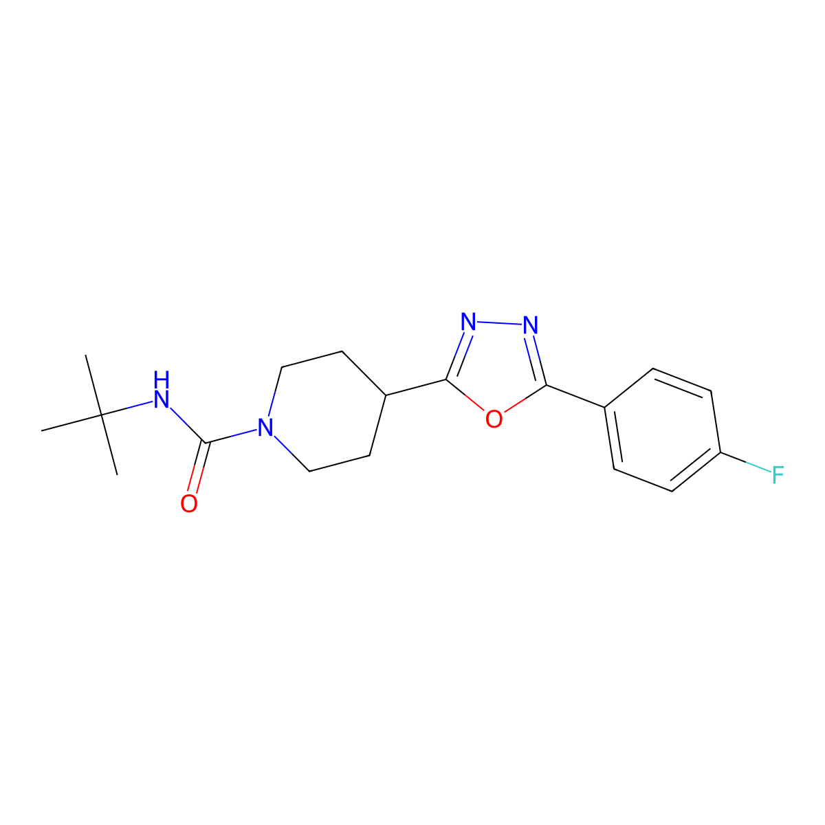 N-(tert-butyl)-4-(5-(4-fluorophenyl)-1,3,4-oxadiazol-2-yl)piperidine-1-carboxamide molecular structure, CAS 1171764-08-1