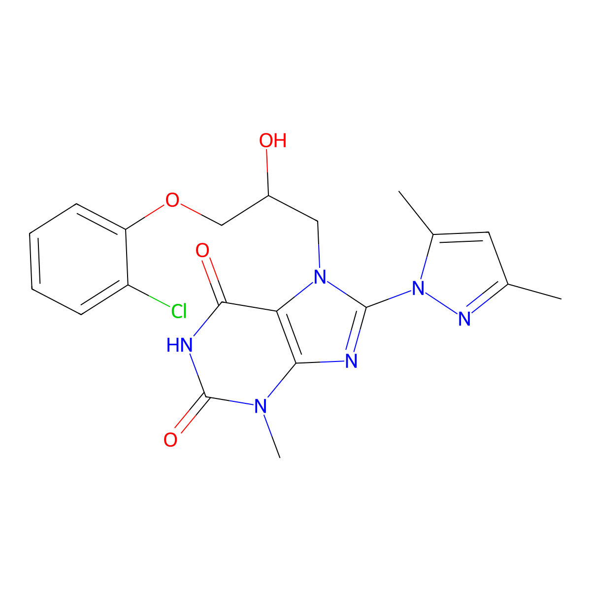 7-(3-(2-chlorophenoxy)-2-hydroxypropyl)-8-(3,5-dimethyl-1H-pyrazol-1-yl)-3-methyl-1H-purine-2,6(3H,7H)-dione molecular structure, CAS 1171764-51-4