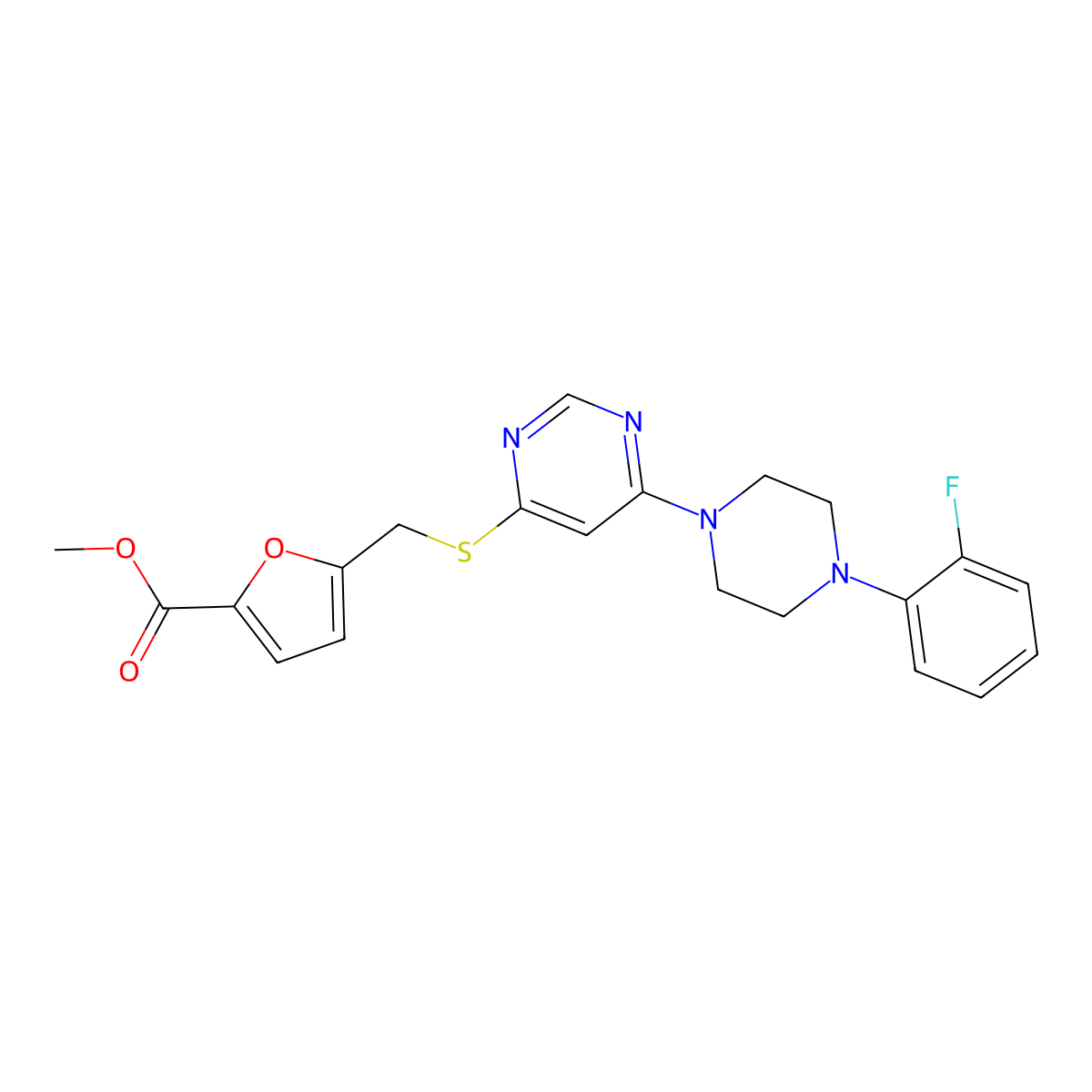 Methyl 5-(((6-(4-(2-fluorophenyl)piperazin-1-yl)pyrimidin-4-yl)thio)methyl)furan-2-carboxylate molecular structure, CAS 1171765-45-9