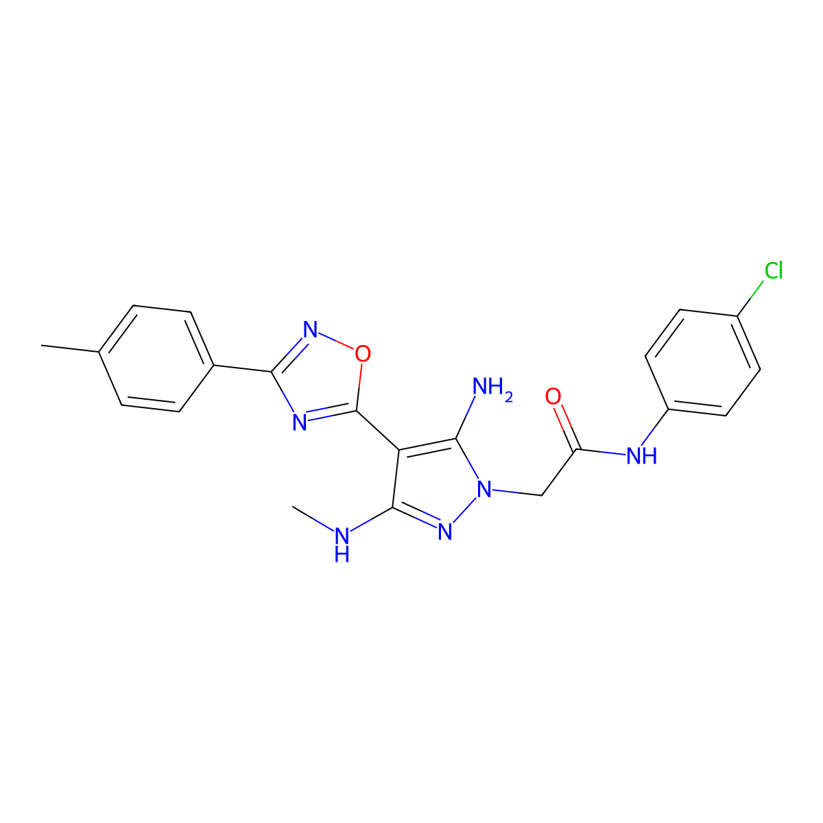 2-[5-amino-3-(methylamino)-4-[3-(4-methylphenyl)-1,2,4-oxadiazol-5-yl]-1H-pyrazol-1-yl]-N-(4-chlorophenyl)acetamide molecular structure, CAS 1171766-65-6