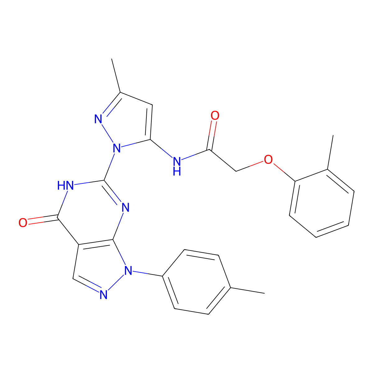 N-(3-methyl-1-(4-oxo-1-(p-tolyl)-4,5-dihydro-1H-pyrazolo[3,4-d]pyrimidin-6-yl)-1H-pyrazol-5-yl)-2-(o-tolyloxy)acetamide molecular structure, CAS 1171767-44-4