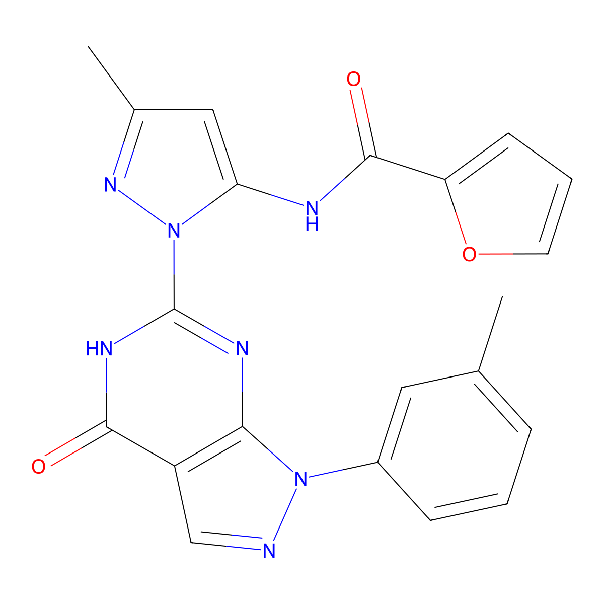 N-(3-methyl-1-(4-oxo-1-(m-tolyl)-4,5-dihydro-1H-pyrazolo[3,4-d]pyrimidin-6-yl)-1H-pyrazol-5-yl)furan-2-carboxamide molecular structure, CAS 1171770-27-6