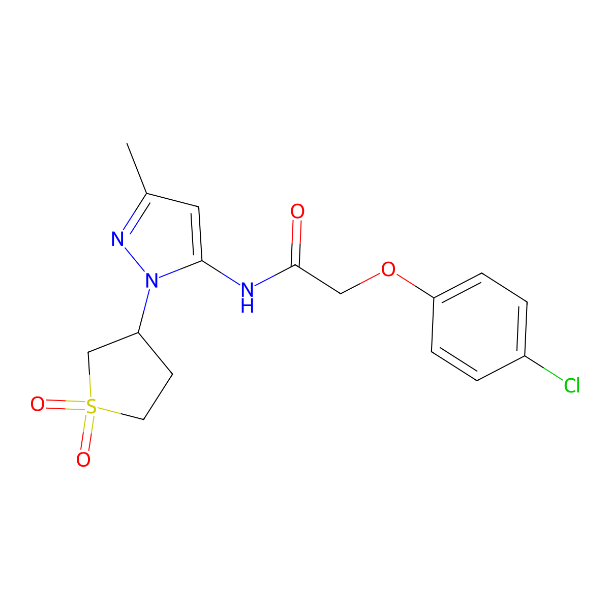 2-(4-chlorophenoxy)-N-(1-(1,1-dioxidotetrahydrothiophen-3-yl)-3-methyl-1H-pyrazol-5-yl)acetamide molecular structure, CAS 1171773-34-4