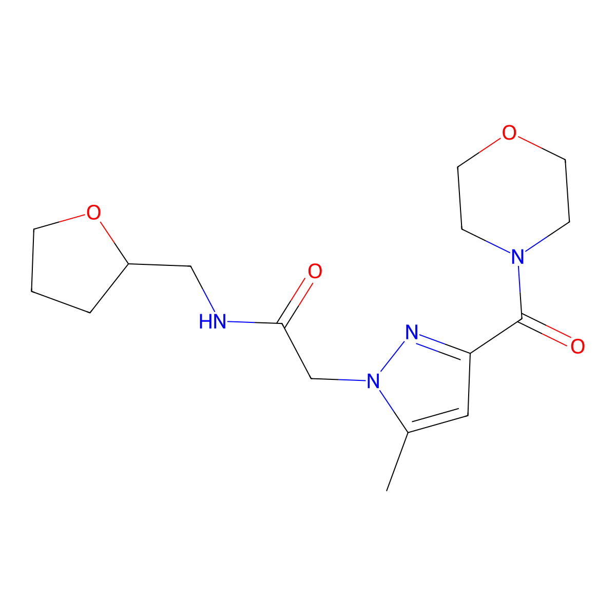 2-(5-methyl-3-(morpholine-4-carbonyl)-1H-pyrazol-1-yl)-N-((tetrahydrofuran-2-yl)methyl)acetamide molecular structure, CAS 1171774-42-7
