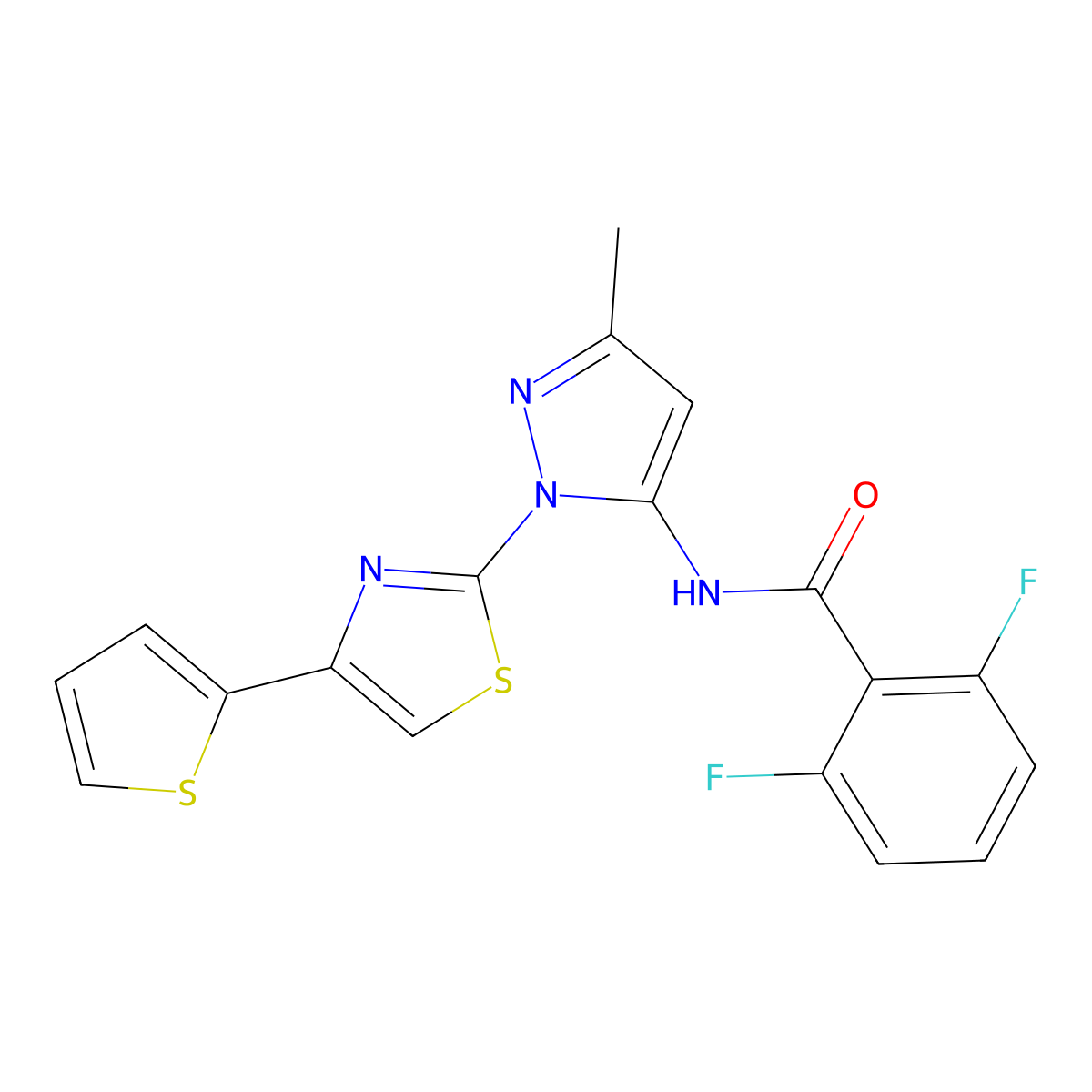 2,6-difluoro-N-(3-methyl-1-(4-(thiophen-2-yl)thiazol-2-yl)-1H-pyrazol-5-yl)benzamide molecular structure, CAS 1171775-52-2