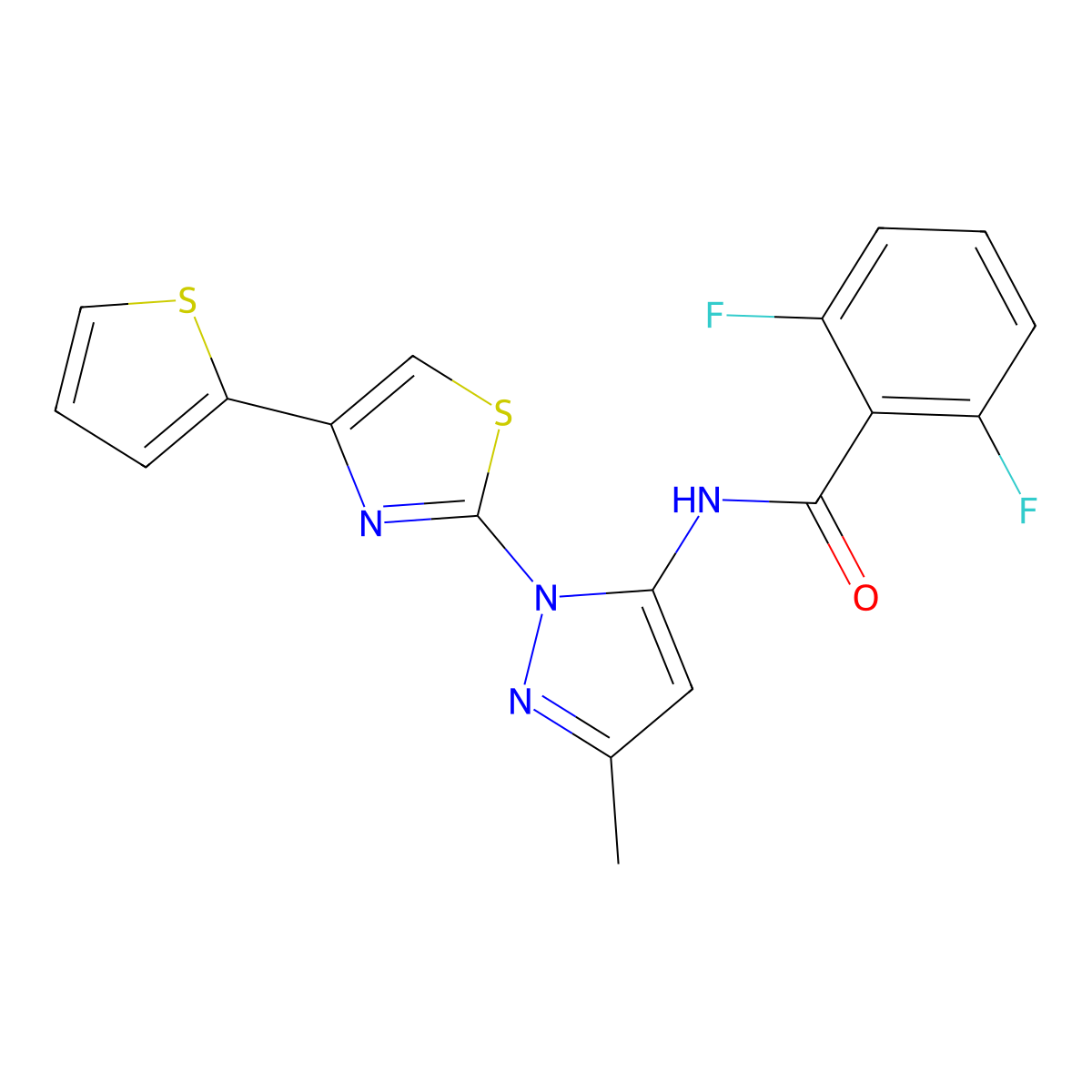 2,6-difluoro-N-(3-methyl-1-(4-(thiophen-2-yl)thiazol-2-yl)-1H-pyrazol-5-yl)benzamide molecular structure, CAS 1171775-52-2