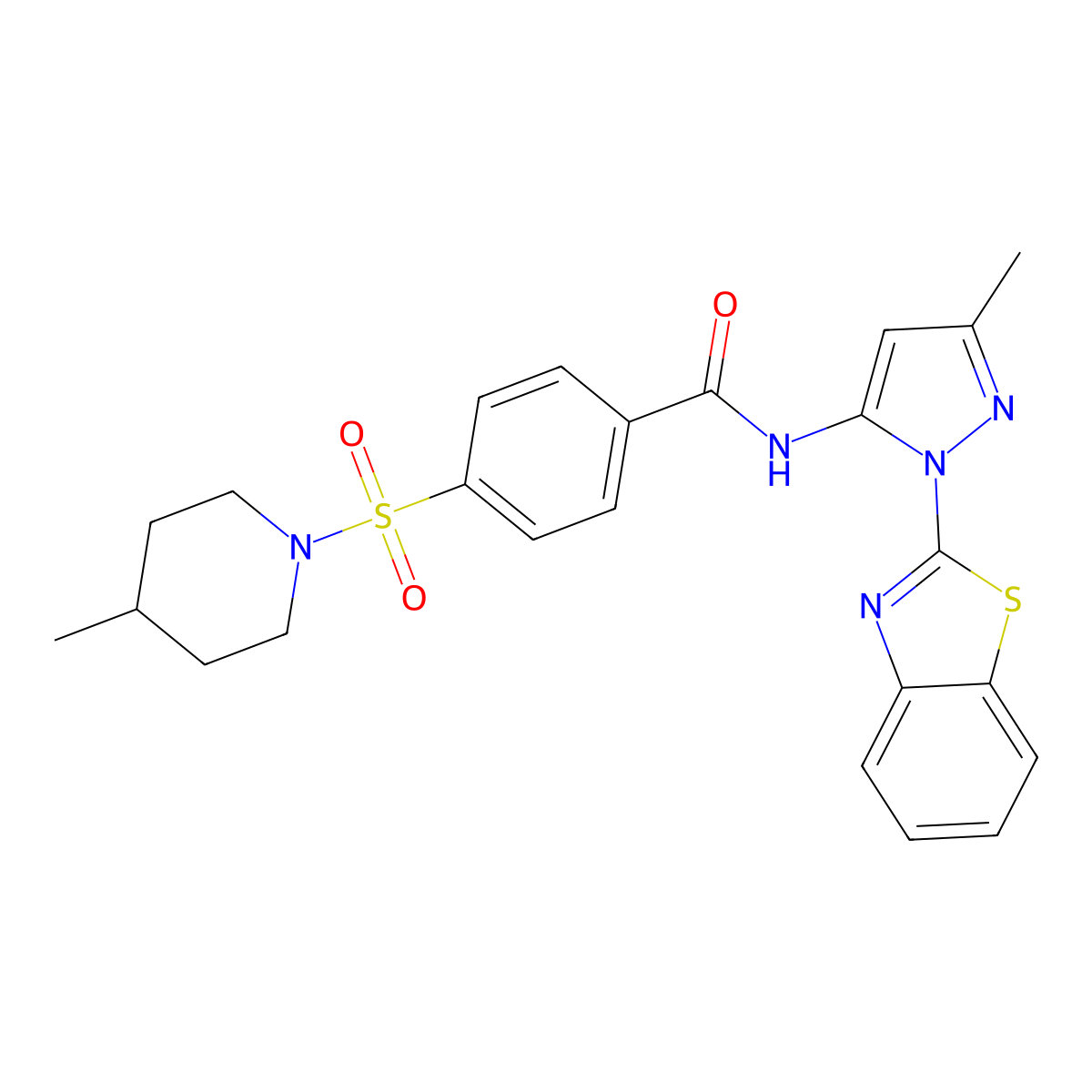 N-(1-(benzo[d]thiazol-2-yl)-3-methyl-1H-pyrazol-5-yl)-4-((4-methylpiperidin-1-yl)sulfonyl)benzamide molecular structure, CAS 1171778-51-0