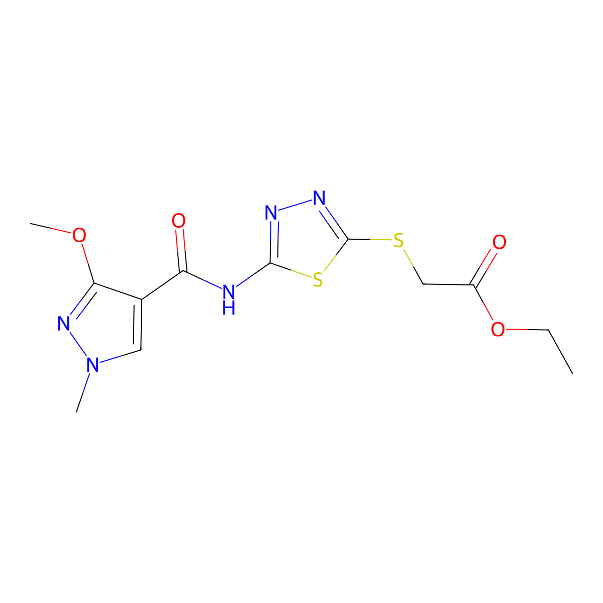 ethyl 2-((5-(3-methoxy-1-methyl-1H-pyrazole-4-carboxamido)-1,3,4-thiadiazol-2-yl)thio)acetate molecular structure, CAS 1171782-35-6