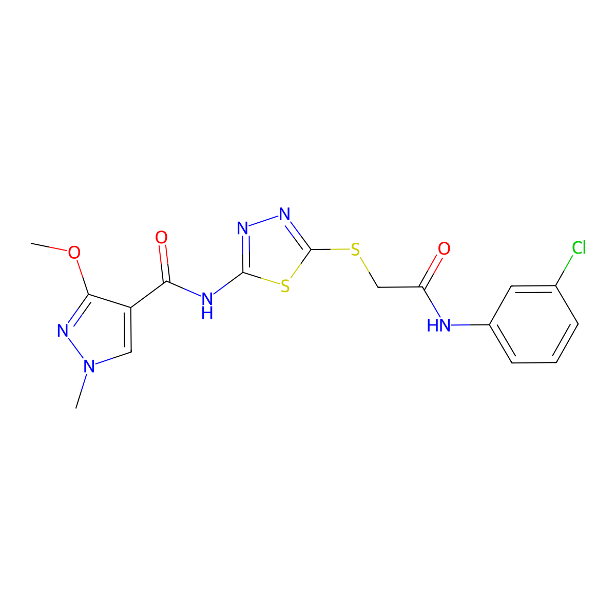 N-(5-((2-((3-chlorophenyl)amino)-2-oxoethyl)thio)-1,3,4-thiadiazol-2-yl)-3-methoxy-1-methyl-1H-pyrazole-4-carboxamide molecular structure, CAS 1171784-92-1