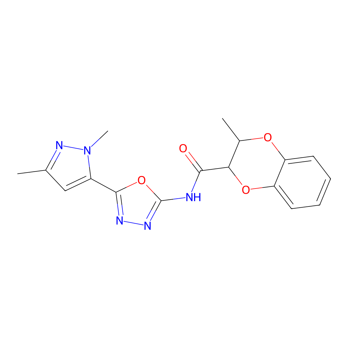 N-(5-(1,3-dimethyl-1H-pyrazol-5-yl)-1,3,4-oxadiazol-2-yl)-3-methyl-2,3-dihydrobenzo[b][1,4]dioxine-2-carboxamide molecular structure, CAS 1171787-78-2