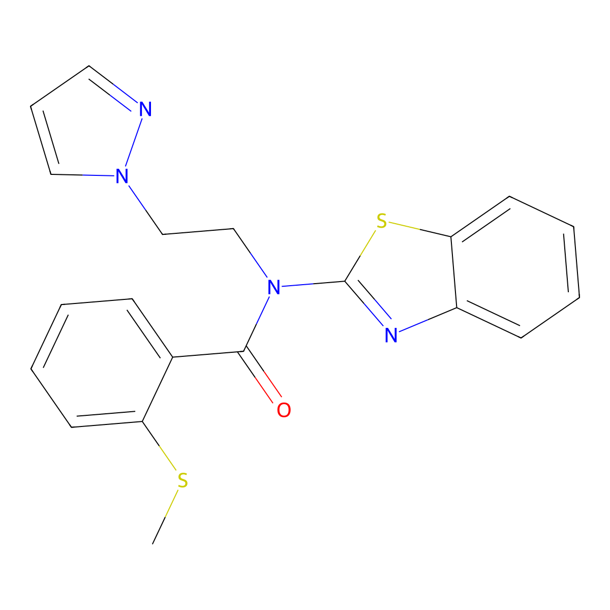 N-(2-(1H-pyrazol-1-yl)ethyl)-N-(benzo[d]thiazol-2-yl)-2-(methylthio)benzamide molecular structure, CAS 1171788-35-4