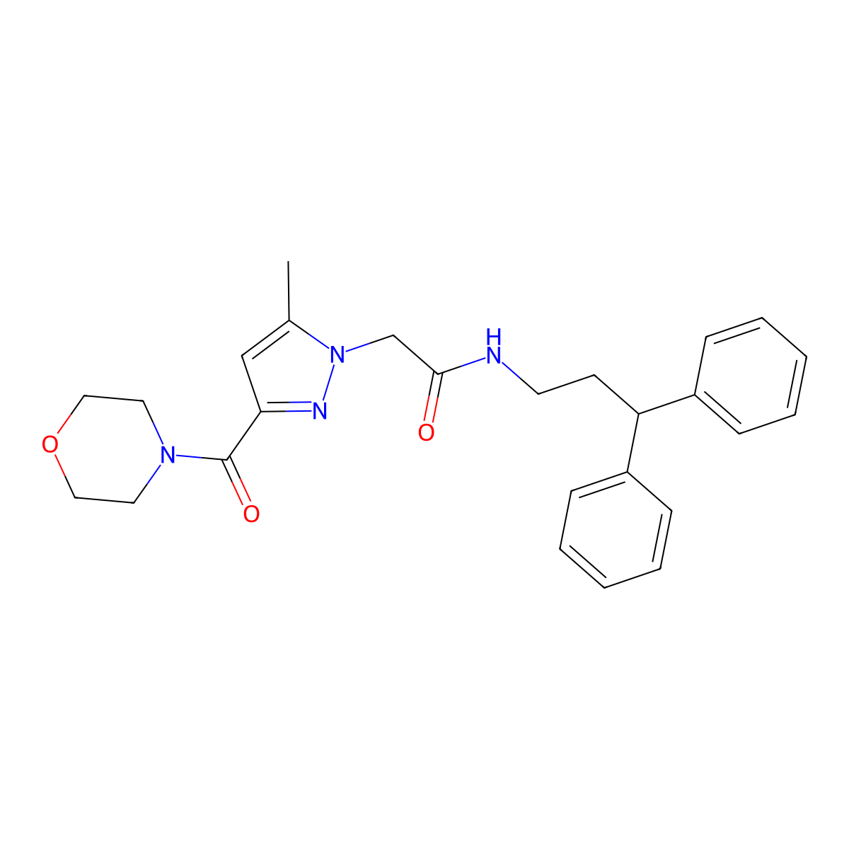 N-(3,3-diphenylpropyl)-2-[5-methyl-3-(morpholine-4-carbonyl)-1H-pyrazol-1-yl]acetamide molecular structure, CAS 1171790-57-0