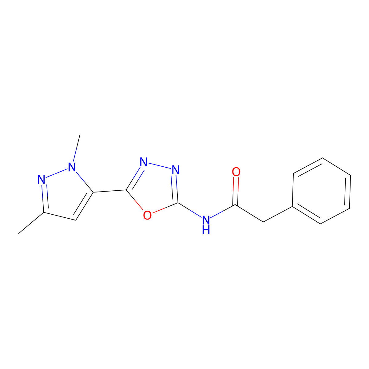 N-[5-(1,3-dimethyl-1H-pyrazol-5-yl)-1,3,4-oxadiazol-2-yl]-2-phenylacetamide molecular structure, CAS 1171791-30-2