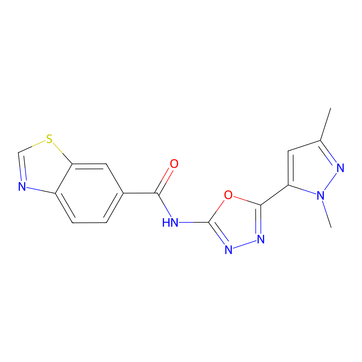 N-[5-(1,3-dimethyl-1H-pyrazol-5-yl)-1,3,4-oxadiazol-2-yl]-1,3-benzothiazole-6-carboxamide molecular structure, CAS 1171793-50-2