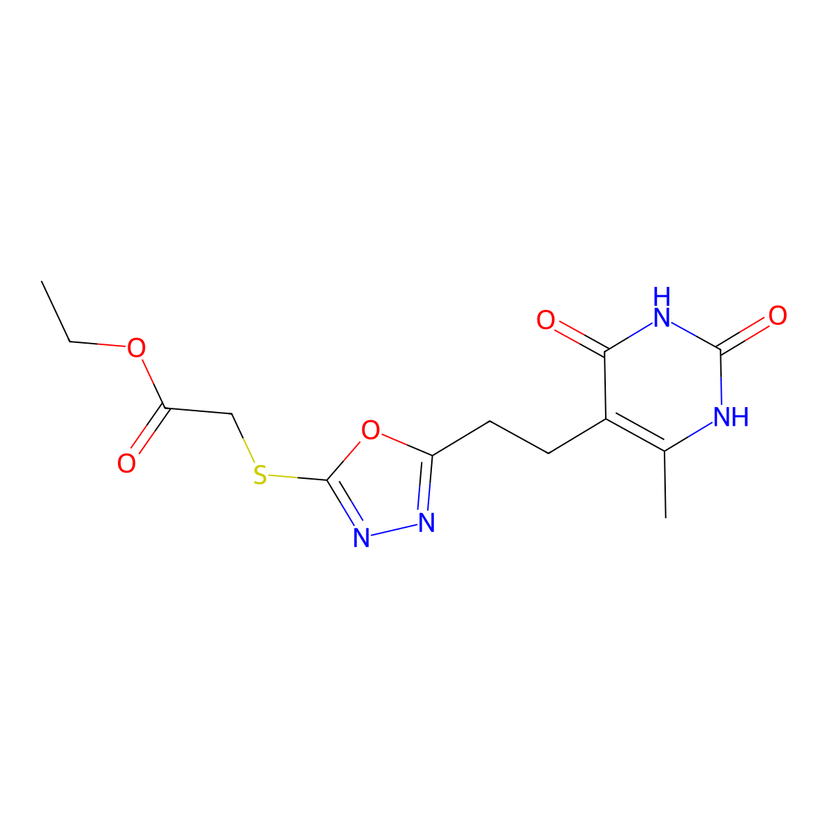 Ethyl 2-((5-(2-(6-methyl-2,4-dioxo-1,2,3,4-tetrahydropyrimidin-5-yl)ethyl)-1,3,4-oxadiazol-2-yl)thio)acetate molecular structure, CAS 1171794-26-5