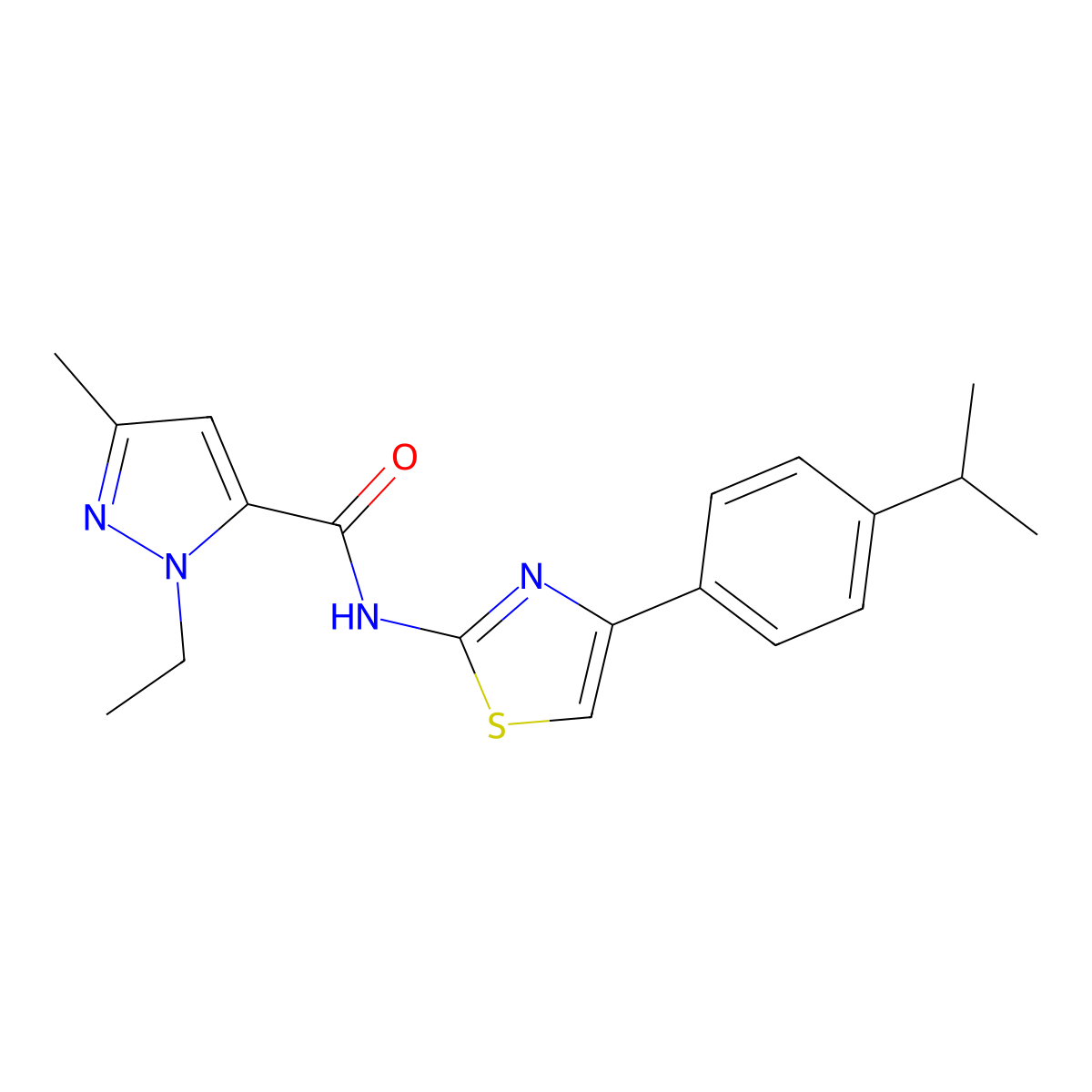 1-ethyl-N-(4-(4-isopropylphenyl)thiazol-2-yl)-3-methyl-1H-pyrazole-5-carboxamide molecular structure, CAS 1171800-03-5