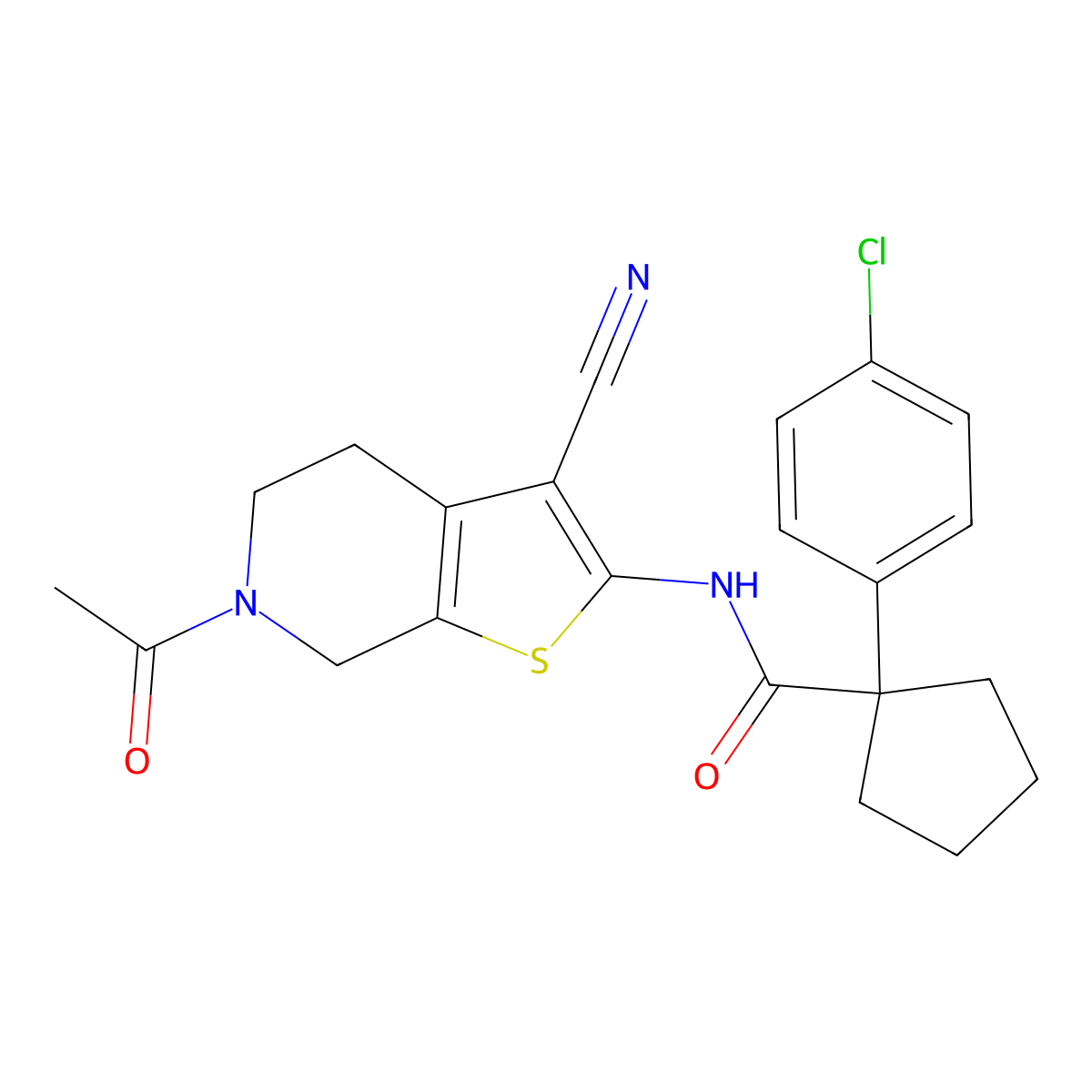 N-(6-acetyl-3-cyano-4,5,6,7-tetrahydrothieno[2,3-c]pyridin-2-yl)-1-(4-chlorophenyl)cyclopentanecarboxamide molecular structure, CAS 1171800-90-0