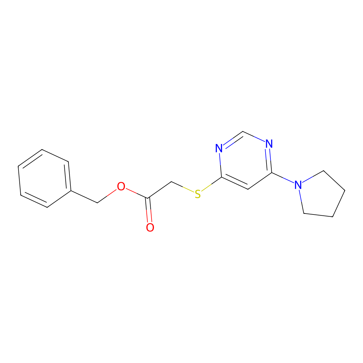 Benzyl 2-((6-(pyrrolidin-1-yl)pyrimidin-4-yl)thio)acetate molecular structure, CAS 1171801-55-0