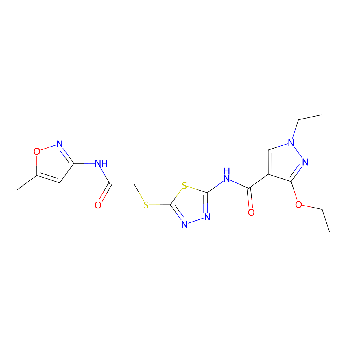 3-ethoxy-1-ethyl-N-(5-((2-((5-methylisoxazol-3-yl)amino)-2-oxoethyl)thio)-1,3,4-thiadiazol-2-yl)-1H-pyrazole-4-carboxamide molecular structure, CAS 1171804-08-2