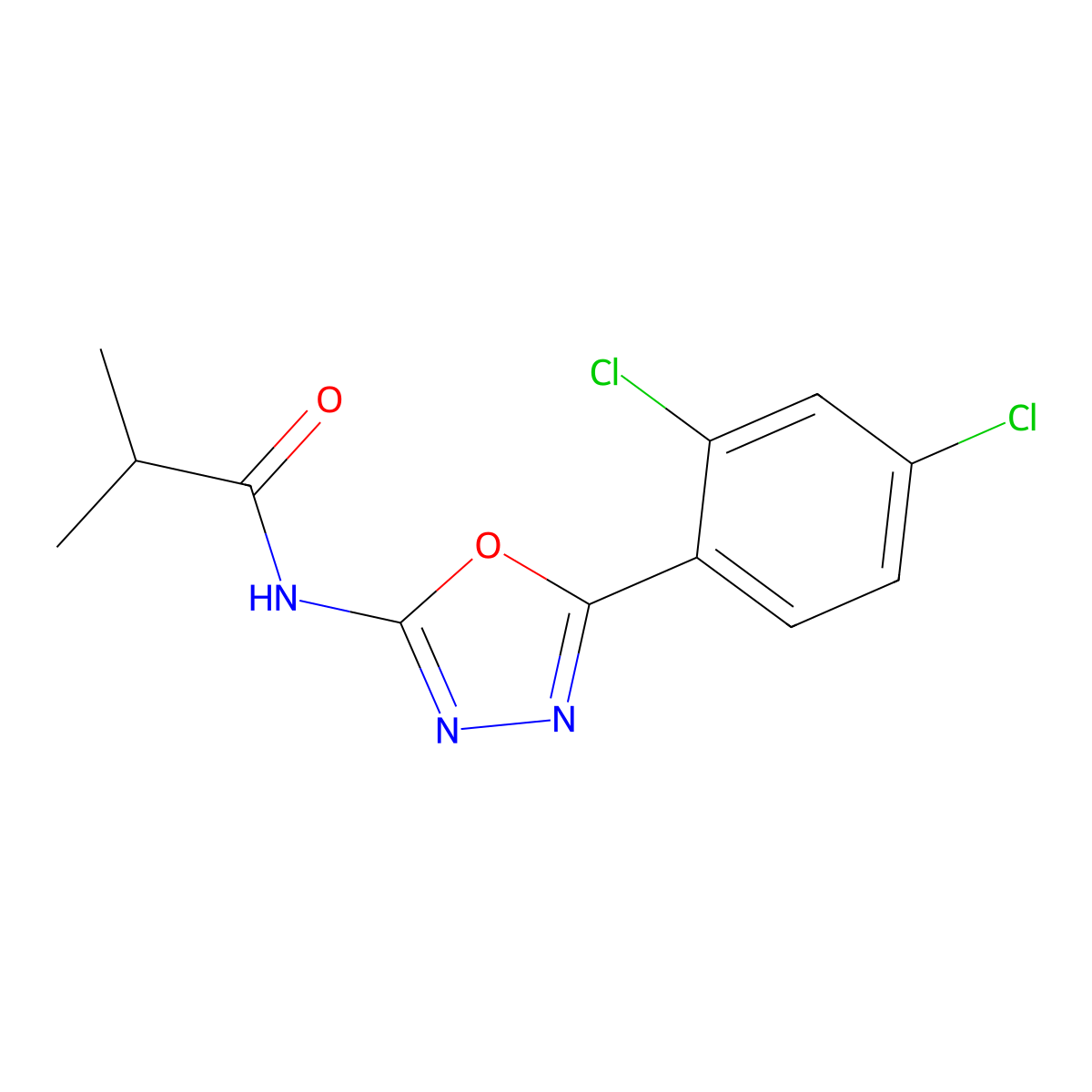 N-(5-(2,4-dichlorophenyl)-1,3,4-oxadiazol-2-yl)isobutyramide molecular structure, CAS 1171804-72-0