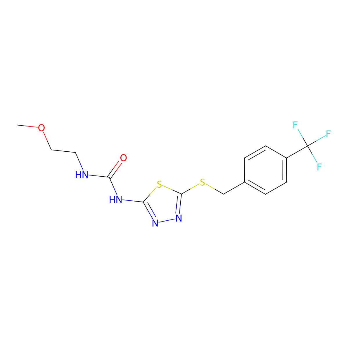 1-(2-Methoxyethyl)-3-(5-((4-(trifluoromethyl)benzyl)thio)-1,3,4-thiadiazol-2-yl)urea molecular structure, CAS 1171805-40-5