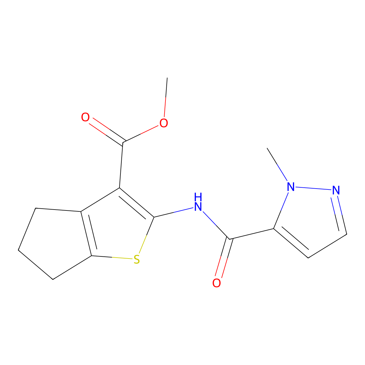 methyl 2-(1-methyl-1H-pyrazole-5-carboxamido)-5,6-dihydro-4H-cyclopenta[b]thiophene-3-carboxylate molecular structure, CAS 1171806-16-8