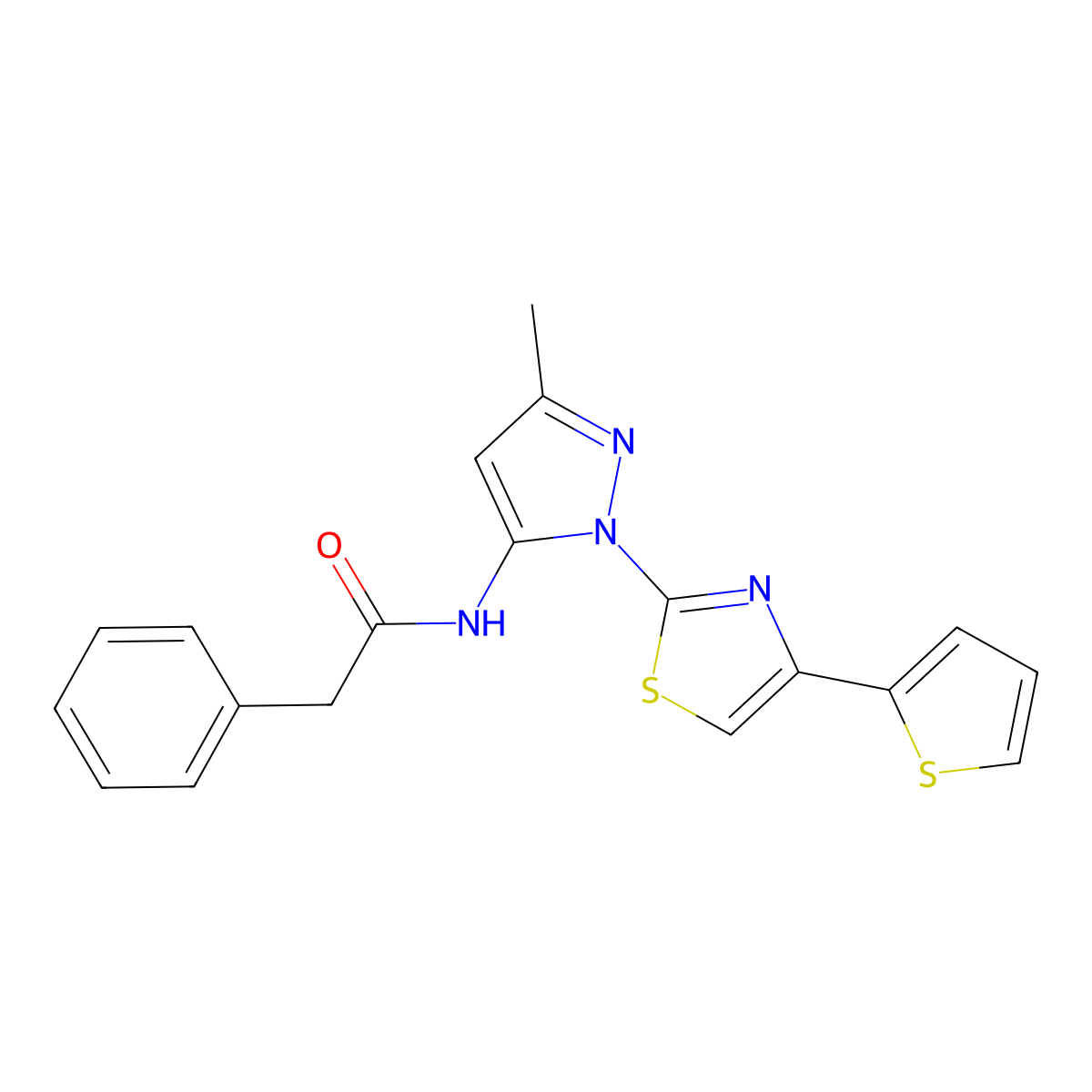 N-(3-methyl-1-(4-(thiophen-2-yl)thiazol-2-yl)-1H-pyrazol-5-yl)-2-phenylacetamide molecular structure, CAS 1171809-04-3