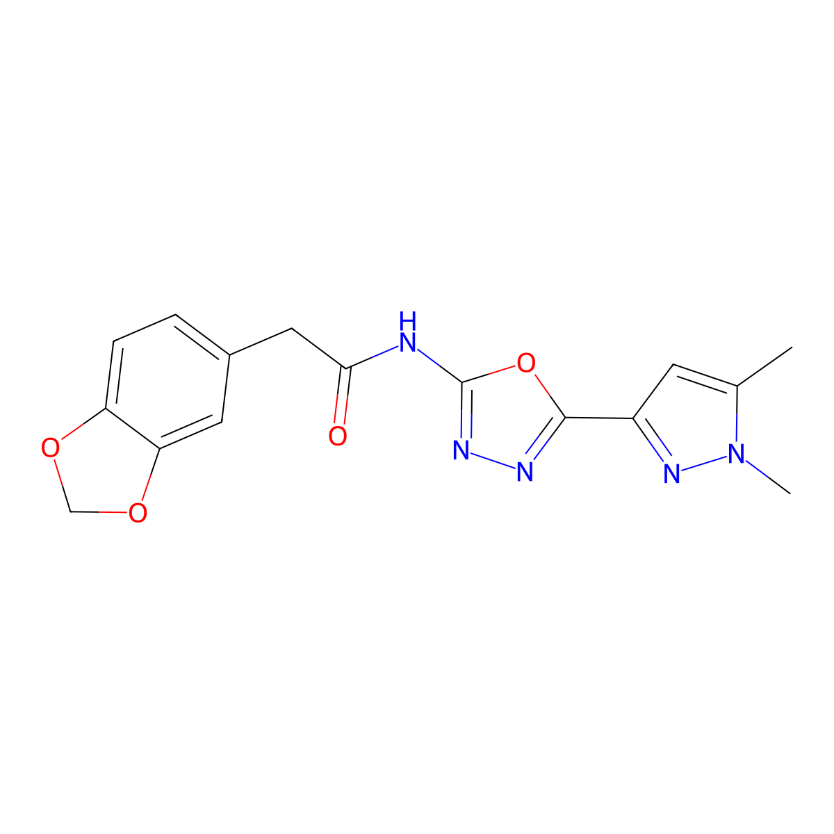 2-(benzo[d][1,3]dioxol-5-yl)-N-(5-(1,5-dimethyl-1H-pyrazol-3-yl)-1,3,4-oxadiazol-2-yl)acetamide molecular structure, CAS 1171809-92-9